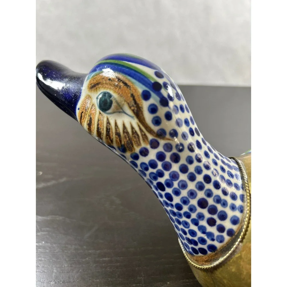 Vintage Tonala Mexico Brass and Pottery Duck Figurine El Palomar Style Folk Art - Picture 7 of 9